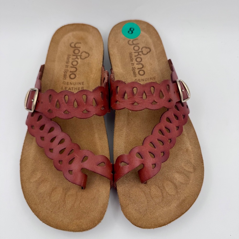 Yokono Ibiza Dark Red Leather Scalloped Toe Loop Cork Sandals Made in Spain | 8 - Picture 3 of 8